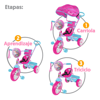 Triciclo Apache Trixie Unicornio Toldo, Barra Emp Y Bolsa