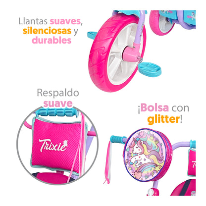 Triciclo Apache Trixie Unicornio Toldo, Barra Emp Y Bolsa