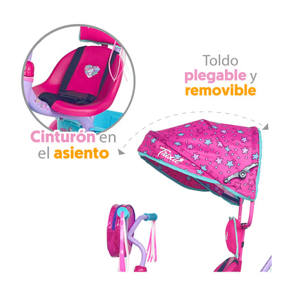 Triciclo Apache Trixie Unicornio Toldo, Barra Emp Y Bolsa